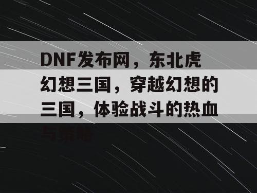 DNF发布网，东北虎幻想三国，穿越幻想的三国，体验战斗的热血与策略